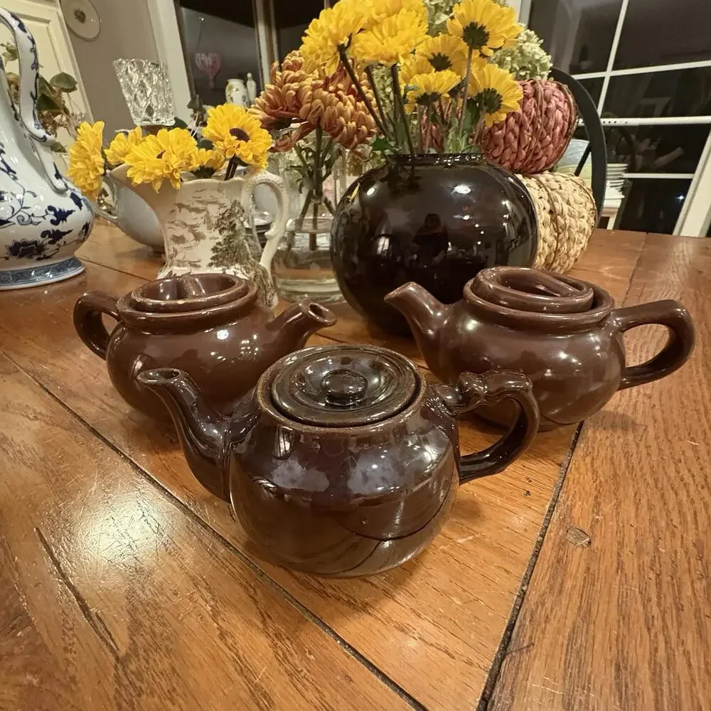 Brown Glaze Teapots Rustic‎ Vintage Unmarked Trio Mix And Match Cottage Cozy Tea